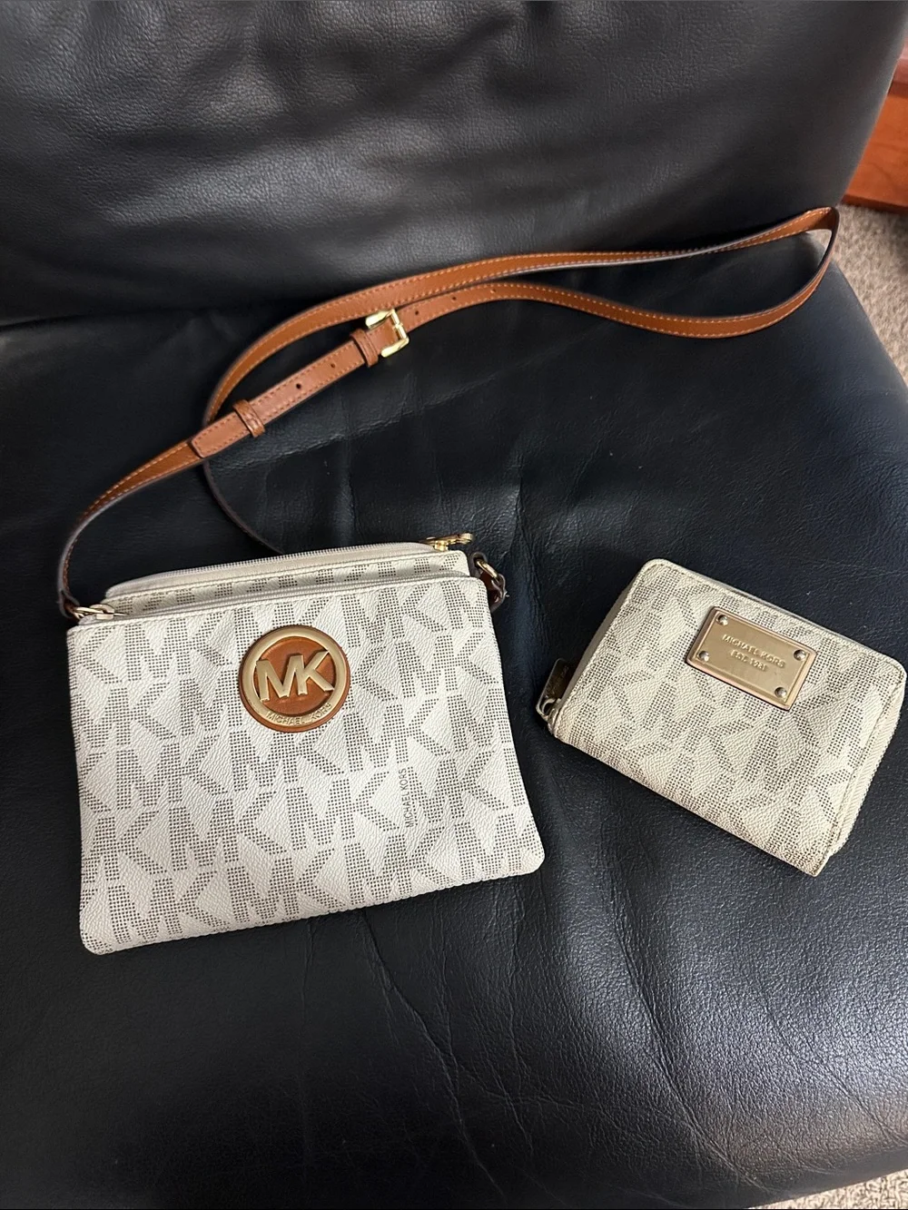 Michael Kors Cream Logo Crossbody Bag with Tan Strap & Matching Wallet